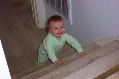 Sarah trying to climb stairs